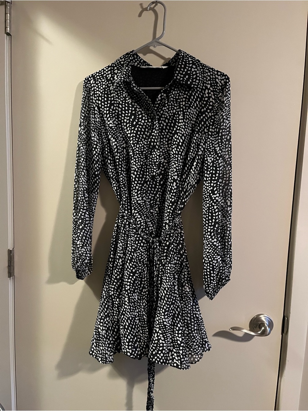 Zara Black & White Long-Sleeve Printed Tie-Waist Dress